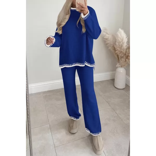 PRETTYGARDEN Womens 2 Piece Knit Sweater Outfit Casual Long Sleeve Pullover Wide Leg Pants Tracksuit Loungewear SetRoyal Blue