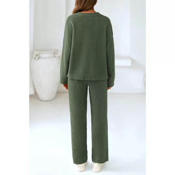 PRETTYGARDEN Womens 2 Piece Pullover Sweater Set Oversized V Neck Top Wide Leg Pants Fall Winter Fuzzy Lounge OutfitArmy Green