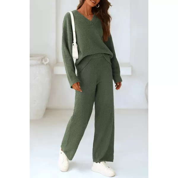 PRETTYGARDEN Womens 2 Piece Pullover Sweater Set Oversized V Neck Top Wide Leg Pants Fall Winter Fuzzy Lounge OutfitArmy Green