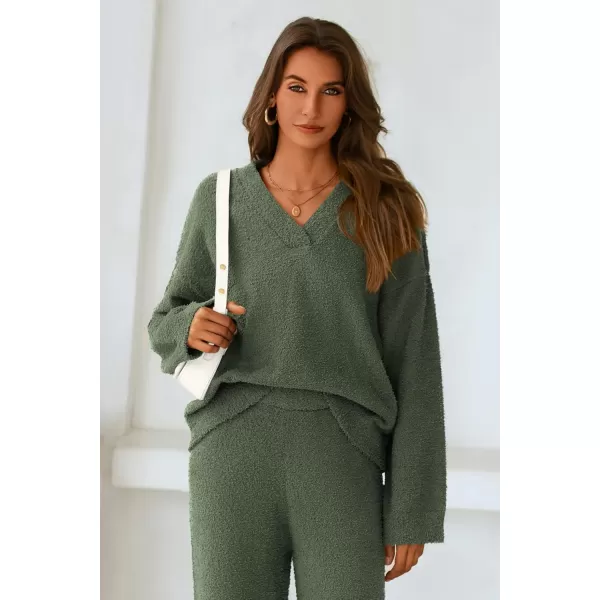 PRETTYGARDEN Womens 2 Piece Pullover Sweater Set Oversized V Neck Top Wide Leg Pants Fall Winter Fuzzy Lounge OutfitArmy Green