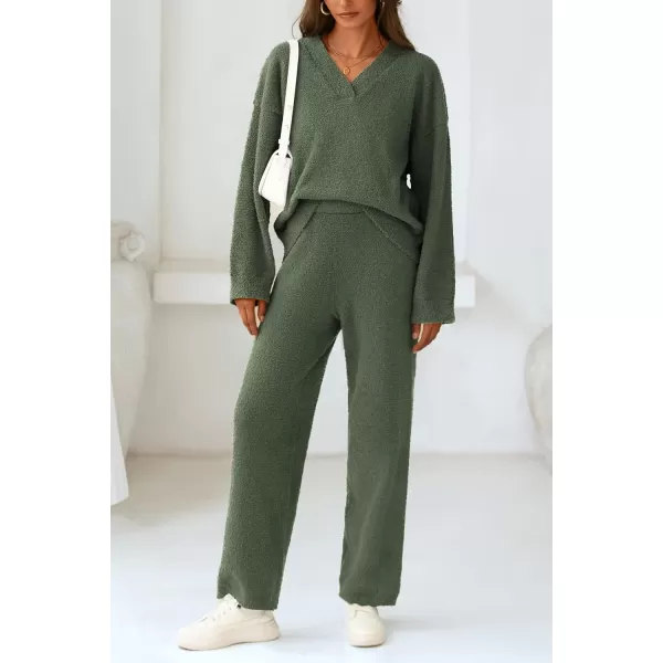 PRETTYGARDEN Womens 2 Piece Pullover Sweater Set Oversized V Neck Top Wide Leg Pants Fall Winter Fuzzy Lounge OutfitArmy Green