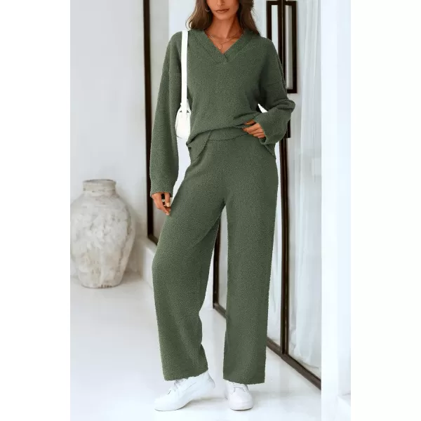 PRETTYGARDEN Womens 2 Piece Pullover Sweater Set Oversized V Neck Top Wide Leg Pants Fall Winter Fuzzy Lounge OutfitArmy Green