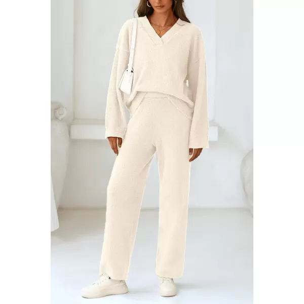 PRETTYGARDEN Womens 2 Piece Pullover Sweater Set Oversized V Neck Top Wide Leg Pants Fall Winter Fuzzy Lounge OutfitBeige