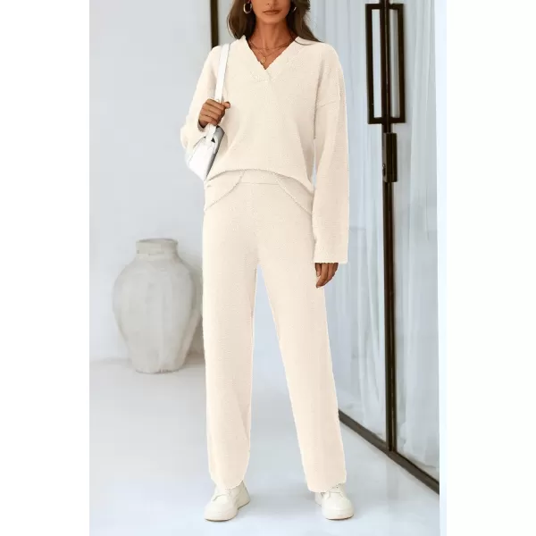 PRETTYGARDEN Womens 2 Piece Pullover Sweater Set Oversized V Neck Top Wide Leg Pants Fall Winter Fuzzy Lounge OutfitBeige