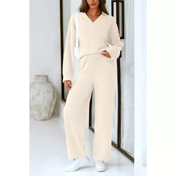 PRETTYGARDEN Womens 2 Piece Pullover Sweater Set Oversized V Neck Top Wide Leg Pants Fall Winter Fuzzy Lounge OutfitBeige