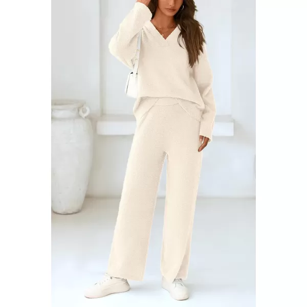 PRETTYGARDEN Womens 2 Piece Pullover Sweater Set Oversized V Neck Top Wide Leg Pants Fall Winter Fuzzy Lounge OutfitBeige