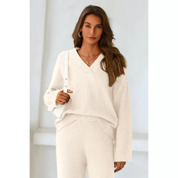 PRETTYGARDEN Womens 2 Piece Pullover Sweater Set Oversized V Neck Top Wide Leg Pants Fall Winter Fuzzy Lounge OutfitBeige
