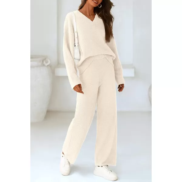 PRETTYGARDEN Womens 2 Piece Pullover Sweater Set Oversized V Neck Top Wide Leg Pants Fall Winter Fuzzy Lounge OutfitBeige