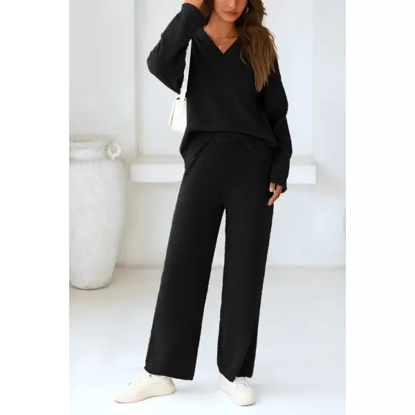 PRETTYGARDEN Womens 2 Piece Pullover Sweater Set Oversized V Neck Top Wide Leg Pants Fall Winter Fuzzy Lounge OutfitBlack