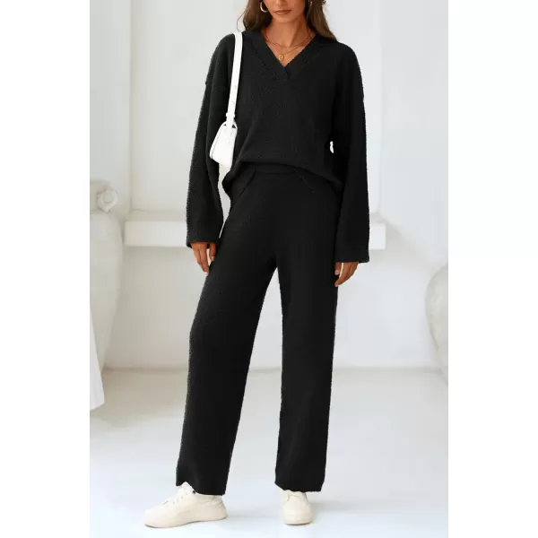 PRETTYGARDEN Womens 2 Piece Pullover Sweater Set Oversized V Neck Top Wide Leg Pants Fall Winter Fuzzy Lounge OutfitBlack