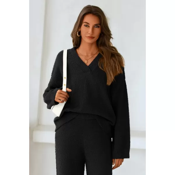 PRETTYGARDEN Womens 2 Piece Pullover Sweater Set Oversized V Neck Top Wide Leg Pants Fall Winter Fuzzy Lounge OutfitBlack