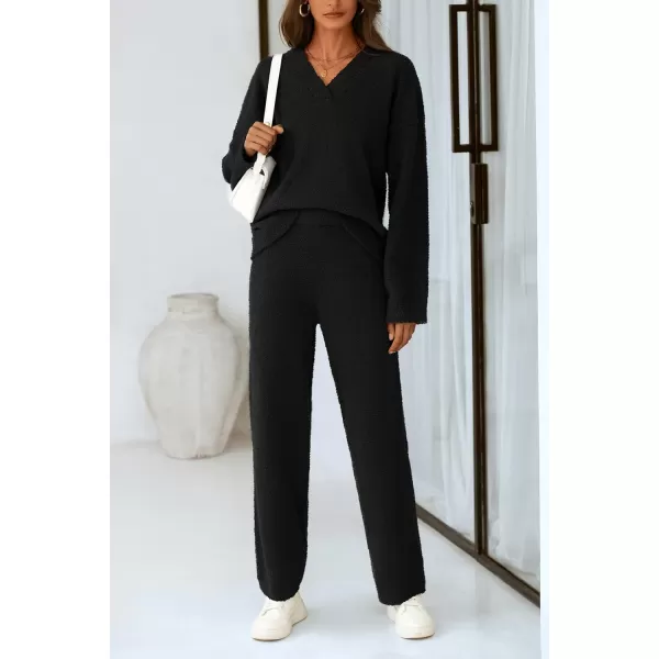 PRETTYGARDEN Womens 2 Piece Pullover Sweater Set Oversized V Neck Top Wide Leg Pants Fall Winter Fuzzy Lounge OutfitBlack
