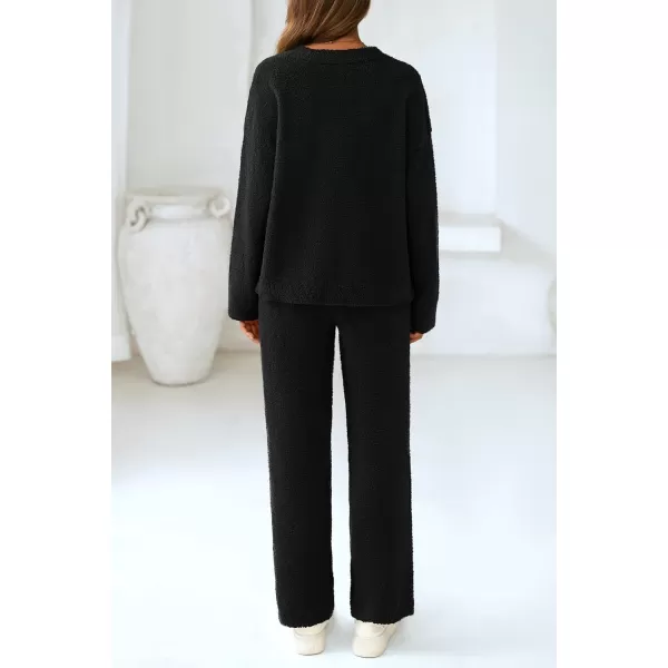 PRETTYGARDEN Womens 2 Piece Pullover Sweater Set Oversized V Neck Top Wide Leg Pants Fall Winter Fuzzy Lounge OutfitBlack