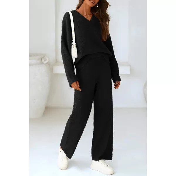 PRETTYGARDEN Womens 2 Piece Pullover Sweater Set Oversized V Neck Top Wide Leg Pants Fall Winter Fuzzy Lounge OutfitBlack