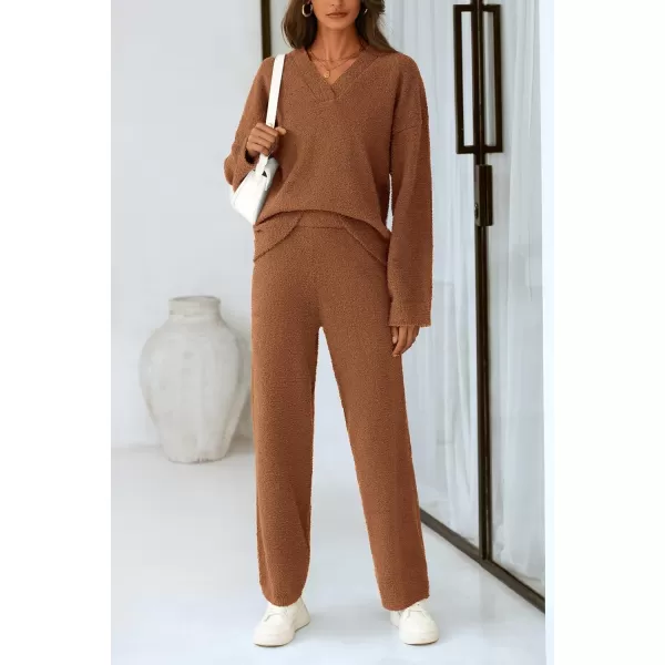 PRETTYGARDEN Womens 2 Piece Pullover Sweater Set Oversized V Neck Top Wide Leg Pants Fall Winter Fuzzy Lounge OutfitBrown
