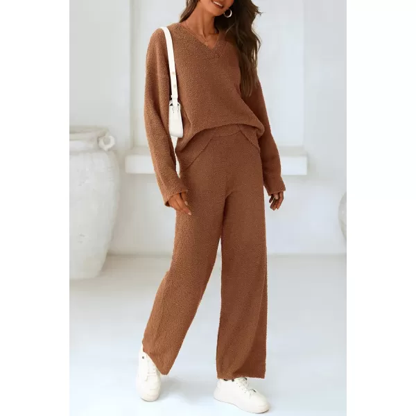 PRETTYGARDEN Womens 2 Piece Pullover Sweater Set Oversized V Neck Top Wide Leg Pants Fall Winter Fuzzy Lounge OutfitBrown
