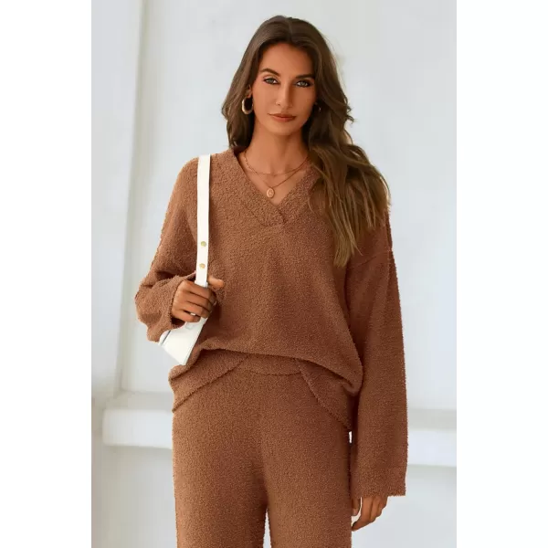 PRETTYGARDEN Womens 2 Piece Pullover Sweater Set Oversized V Neck Top Wide Leg Pants Fall Winter Fuzzy Lounge OutfitBrown