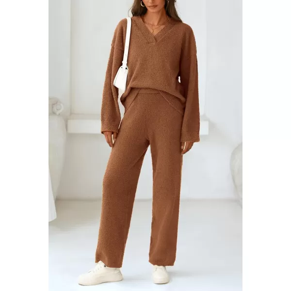 PRETTYGARDEN Womens 2 Piece Pullover Sweater Set Oversized V Neck Top Wide Leg Pants Fall Winter Fuzzy Lounge OutfitBrown