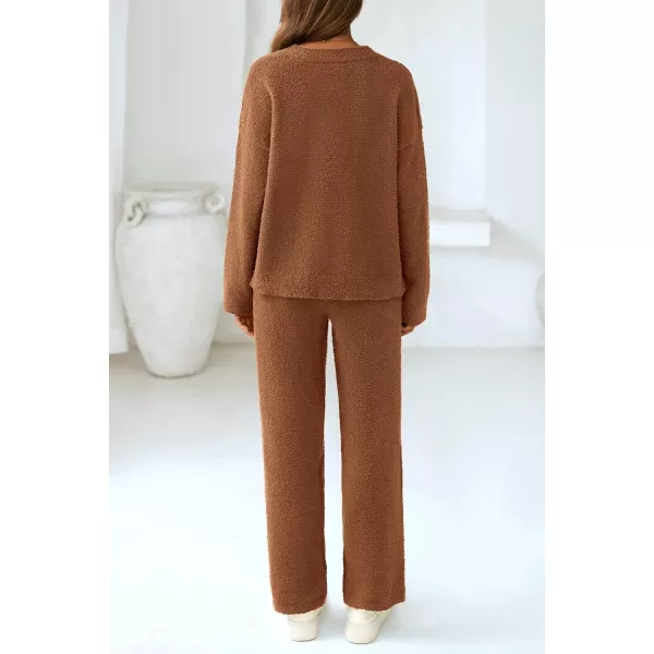 PRETTYGARDEN Womens 2 Piece Pullover Sweater Set Oversized V Neck Top Wide Leg Pants Fall Winter Fuzzy Lounge OutfitBrown