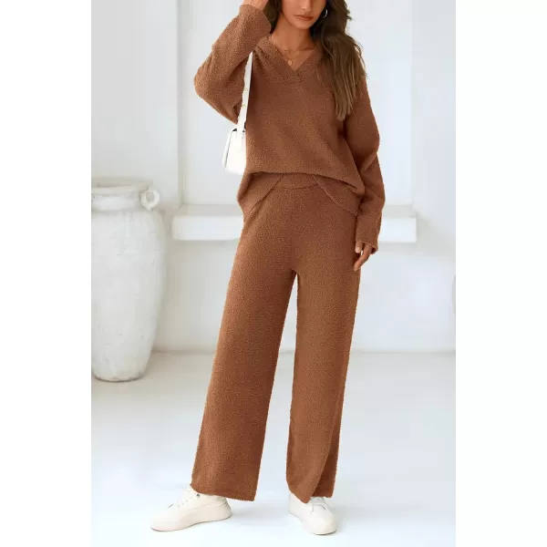 PRETTYGARDEN Womens 2 Piece Pullover Sweater Set Oversized V Neck Top Wide Leg Pants Fall Winter Fuzzy Lounge OutfitBrown