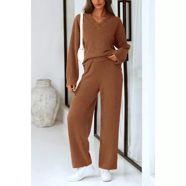 PRETTYGARDEN Womens 2 Piece Pullover Sweater Set Oversized V Neck Top Wide Leg Pants Fall Winter Fuzzy Lounge OutfitBrown