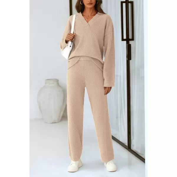 PRETTYGARDEN Womens 2 Piece Pullover Sweater Set Oversized V Neck Top Wide Leg Pants Fall Winter Fuzzy Lounge OutfitKhaki