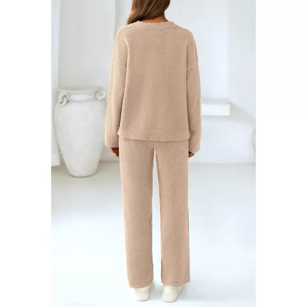 PRETTYGARDEN Womens 2 Piece Pullover Sweater Set Oversized V Neck Top Wide Leg Pants Fall Winter Fuzzy Lounge OutfitKhaki