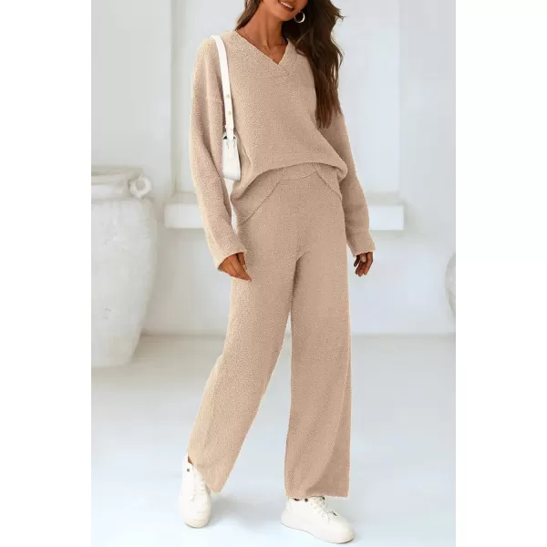 PRETTYGARDEN Womens 2 Piece Pullover Sweater Set Oversized V Neck Top Wide Leg Pants Fall Winter Fuzzy Lounge OutfitKhaki