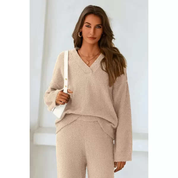 PRETTYGARDEN Womens 2 Piece Pullover Sweater Set Oversized V Neck Top Wide Leg Pants Fall Winter Fuzzy Lounge OutfitKhaki