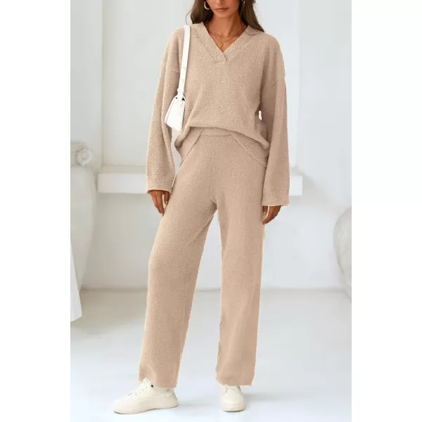 PRETTYGARDEN Womens 2 Piece Pullover Sweater Set Oversized V Neck Top Wide Leg Pants Fall Winter Fuzzy Lounge OutfitKhaki