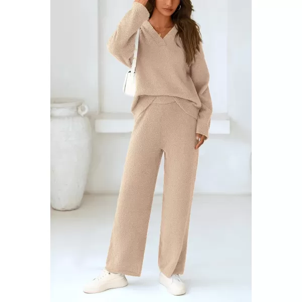 PRETTYGARDEN Womens 2 Piece Pullover Sweater Set Oversized V Neck Top Wide Leg Pants Fall Winter Fuzzy Lounge OutfitKhaki