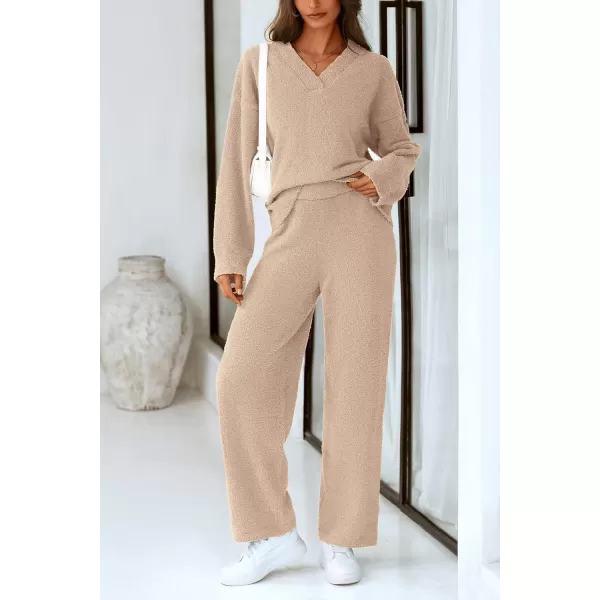 PRETTYGARDEN Womens 2 Piece Pullover Sweater Set Oversized V Neck Top Wide Leg Pants Fall Winter Fuzzy Lounge OutfitKhaki