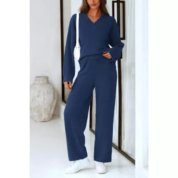 PRETTYGARDEN Womens 2 Piece Pullover Sweater Set Oversized V Neck Top Wide Leg Pants Fall Winter Fuzzy Lounge OutfitNavy