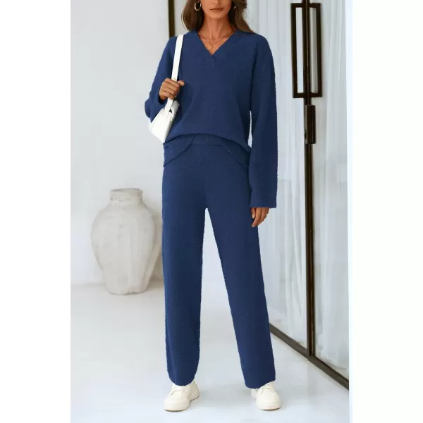 PRETTYGARDEN Womens 2 Piece Pullover Sweater Set Oversized V Neck Top Wide Leg Pants Fall Winter Fuzzy Lounge OutfitNavy