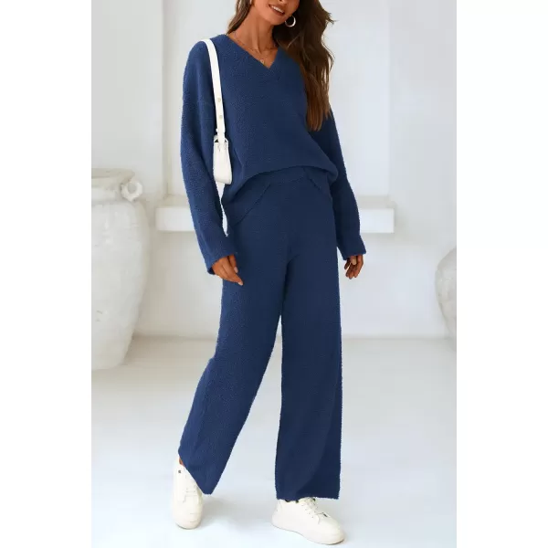 PRETTYGARDEN Womens 2 Piece Pullover Sweater Set Oversized V Neck Top Wide Leg Pants Fall Winter Fuzzy Lounge OutfitNavy
