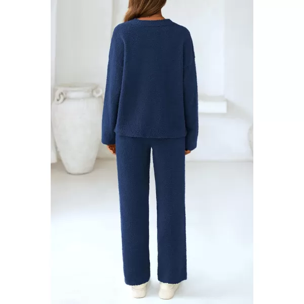 PRETTYGARDEN Womens 2 Piece Pullover Sweater Set Oversized V Neck Top Wide Leg Pants Fall Winter Fuzzy Lounge OutfitNavy