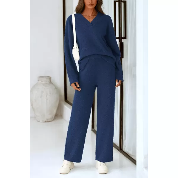 PRETTYGARDEN Womens 2 Piece Pullover Sweater Set Oversized V Neck Top Wide Leg Pants Fall Winter Fuzzy Lounge OutfitNavy