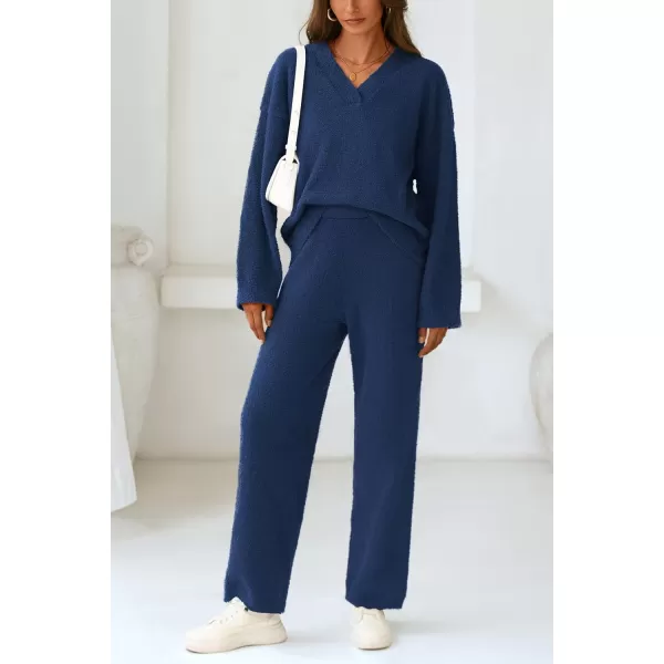 PRETTYGARDEN Womens 2 Piece Pullover Sweater Set Oversized V Neck Top Wide Leg Pants Fall Winter Fuzzy Lounge OutfitNavy