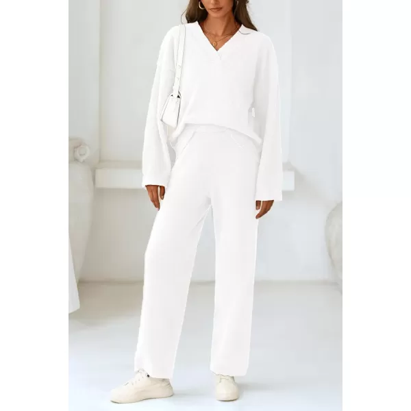 PRETTYGARDEN Womens 2 Piece Pullover Sweater Set Oversized V Neck Top Wide Leg Pants Fall Winter Fuzzy Lounge OutfitWhite