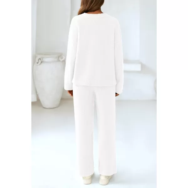PRETTYGARDEN Womens 2 Piece Pullover Sweater Set Oversized V Neck Top Wide Leg Pants Fall Winter Fuzzy Lounge OutfitWhite