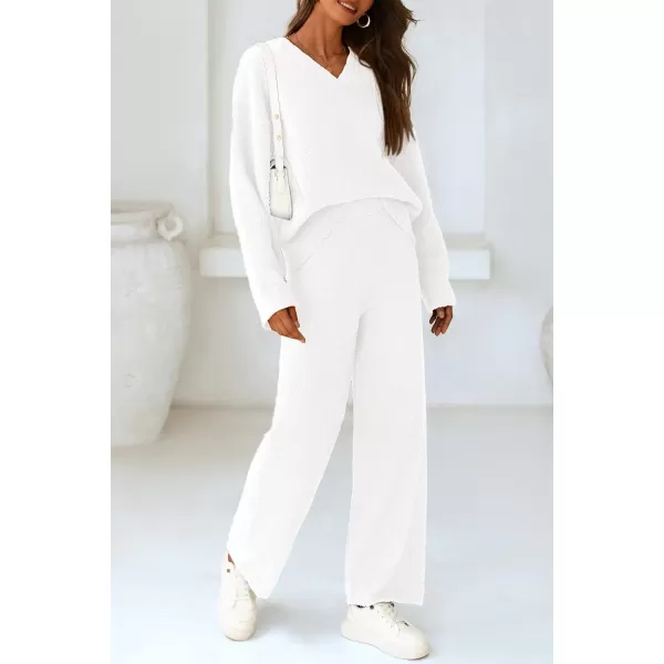 PRETTYGARDEN Womens 2 Piece Pullover Sweater Set Oversized V Neck Top Wide Leg Pants Fall Winter Fuzzy Lounge OutfitWhite