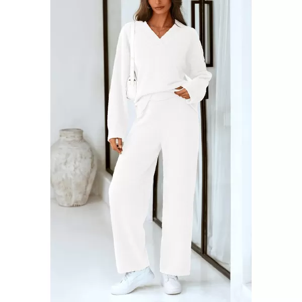 PRETTYGARDEN Womens 2 Piece Pullover Sweater Set Oversized V Neck Top Wide Leg Pants Fall Winter Fuzzy Lounge OutfitWhite