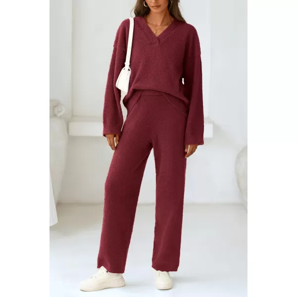 PRETTYGARDEN Womens 2 Piece Pullover Sweater Set Oversized V Neck Top Wide Leg Pants Fall Winter Fuzzy Lounge OutfitWine Red