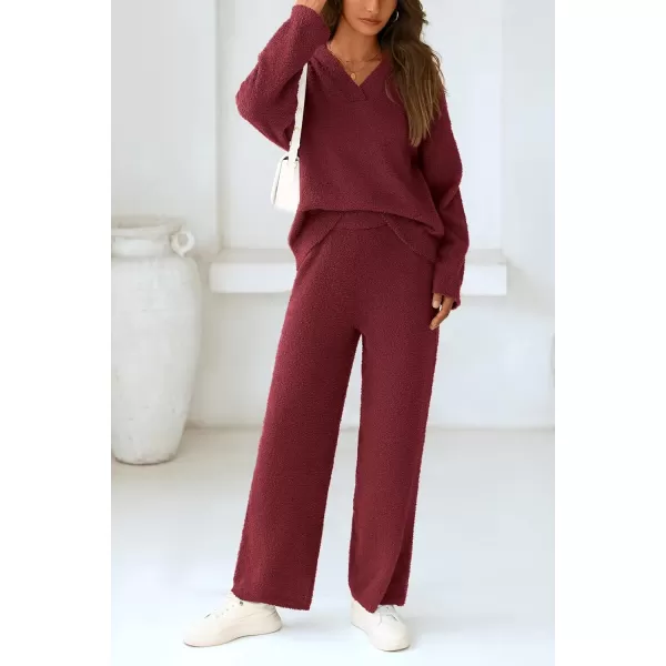 PRETTYGARDEN Womens 2 Piece Pullover Sweater Set Oversized V Neck Top Wide Leg Pants Fall Winter Fuzzy Lounge OutfitWine Red