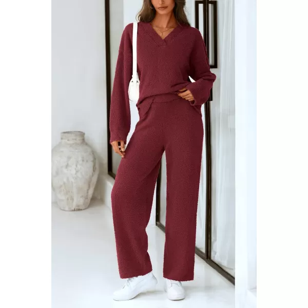 PRETTYGARDEN Womens 2 Piece Pullover Sweater Set Oversized V Neck Top Wide Leg Pants Fall Winter Fuzzy Lounge OutfitWine Red