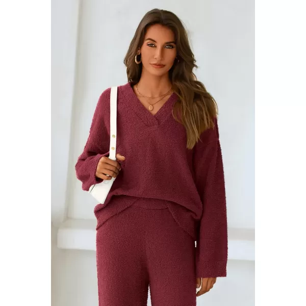 PRETTYGARDEN Womens 2 Piece Pullover Sweater Set Oversized V Neck Top Wide Leg Pants Fall Winter Fuzzy Lounge OutfitWine Red