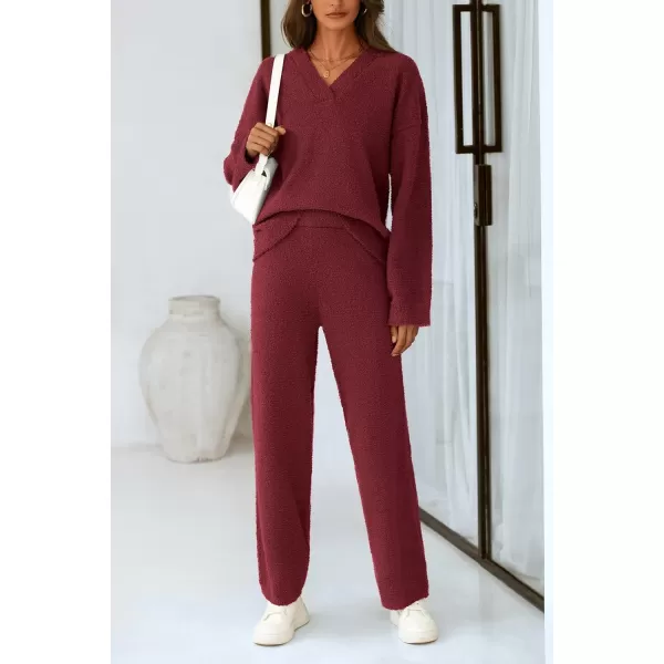 PRETTYGARDEN Womens 2 Piece Pullover Sweater Set Oversized V Neck Top Wide Leg Pants Fall Winter Fuzzy Lounge OutfitWine Red