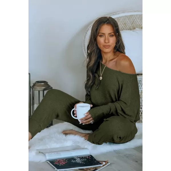 PRETTYGARDEN Womens 2 Piece Ribbed Tracksuit Outfits Off Shoulder Long Sleeve Pullover Lounge Pants with PocketsArmy Green