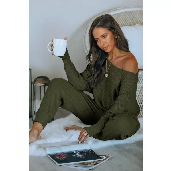 PRETTYGARDEN Womens 2 Piece Ribbed Tracksuit Outfits Off Shoulder Long Sleeve Pullover Lounge Pants with PocketsArmy Green