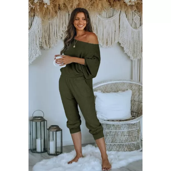 PRETTYGARDEN Womens 2 Piece Ribbed Tracksuit Outfits Off Shoulder Long Sleeve Pullover Lounge Pants with PocketsArmy Green